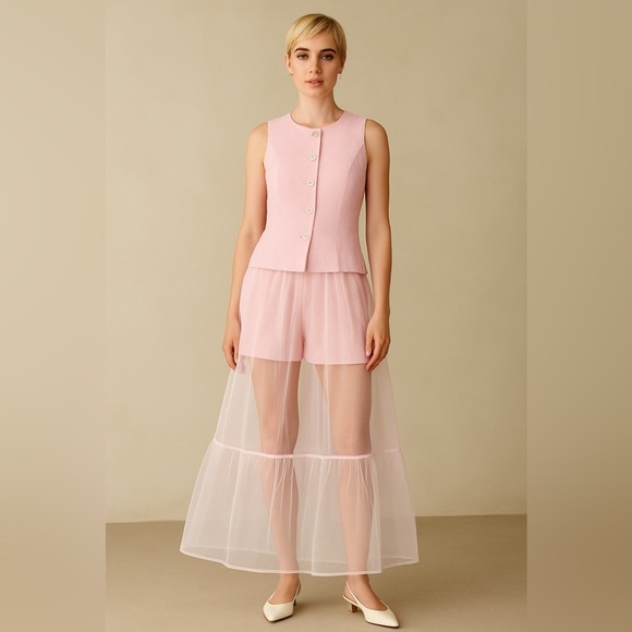 Elegant Pink Sleeveless Vest with Short, sheer organsa Skirt Set-Missing labels - Picture 2 of 5
